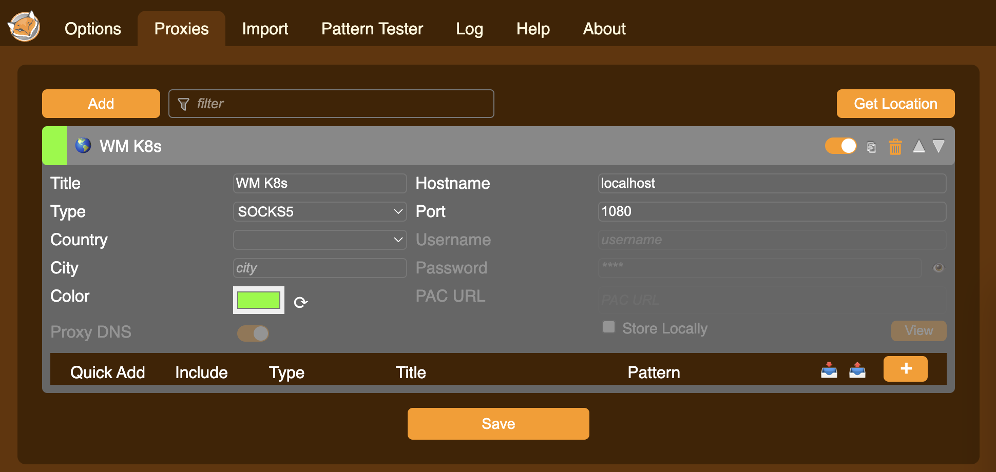 FoxyProxy configuration pane